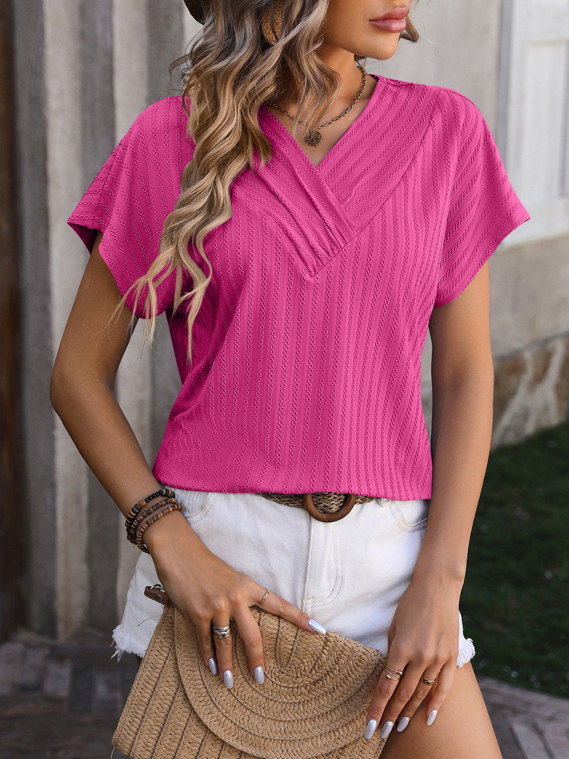 Honeybee Mumford's Textured Surplice Short Sleeve Blouse