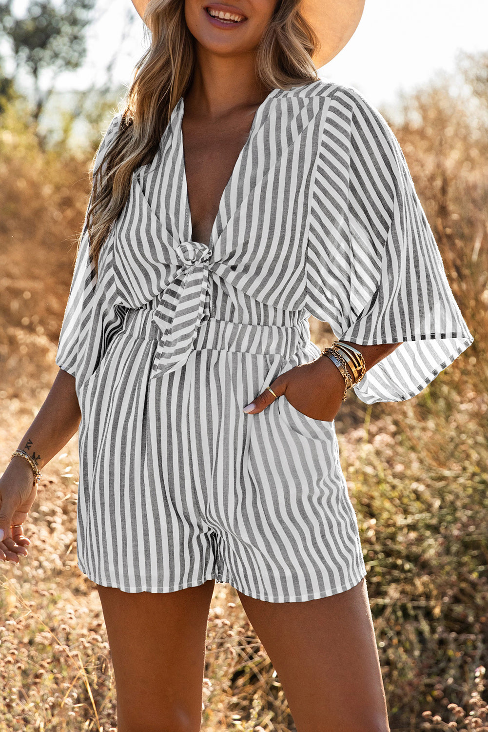 Honeybee Mumford's Gray 3/4 Wide Kimono Sleeves Tie Front Striped Romper with Pockets