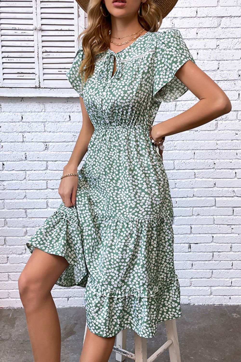 Honeybee Mumford's Floral Tie Neck Petal Sleeve Dress