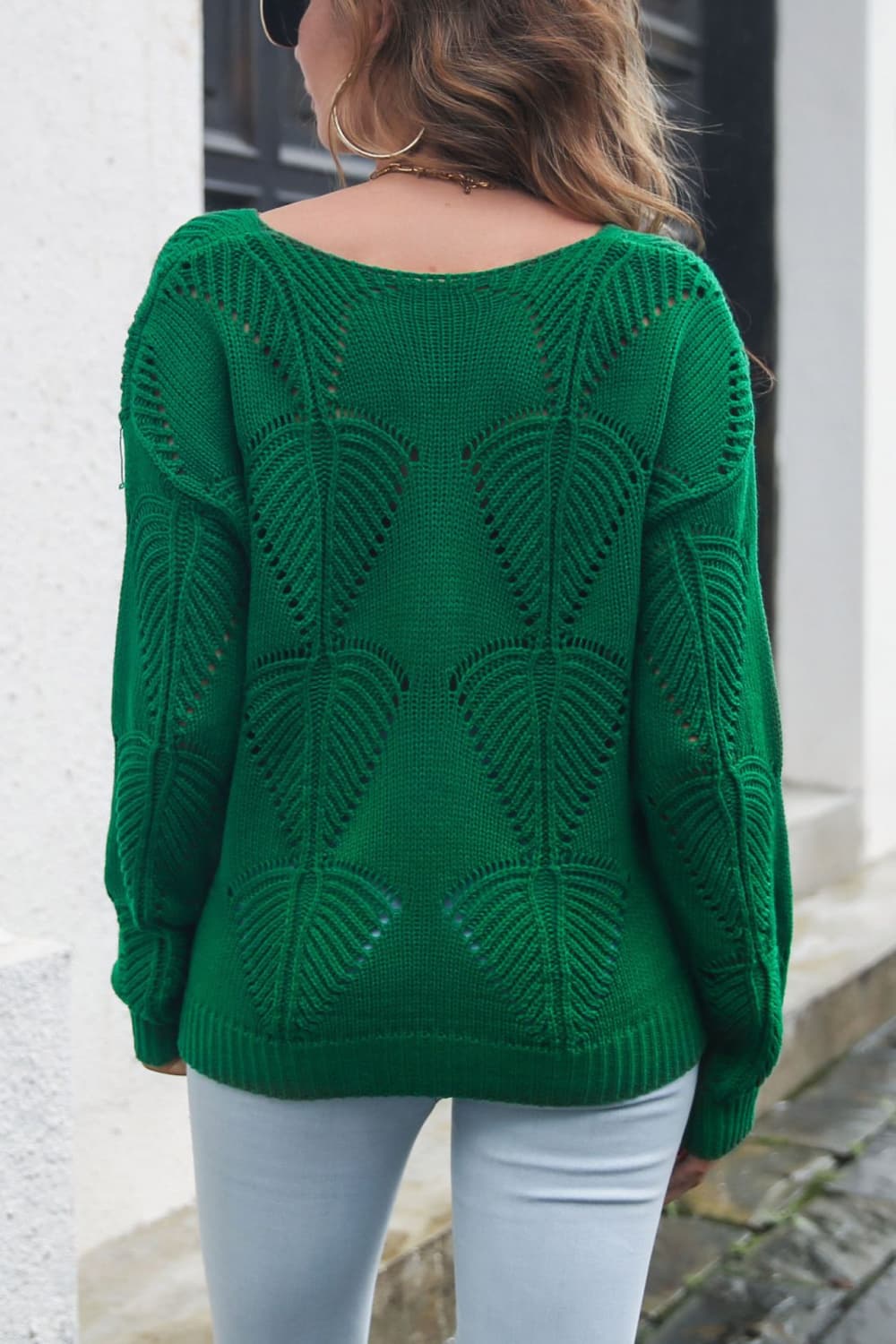 Honeybee Mumford's Openwork V-Neck Dropped Shoulder Sweater