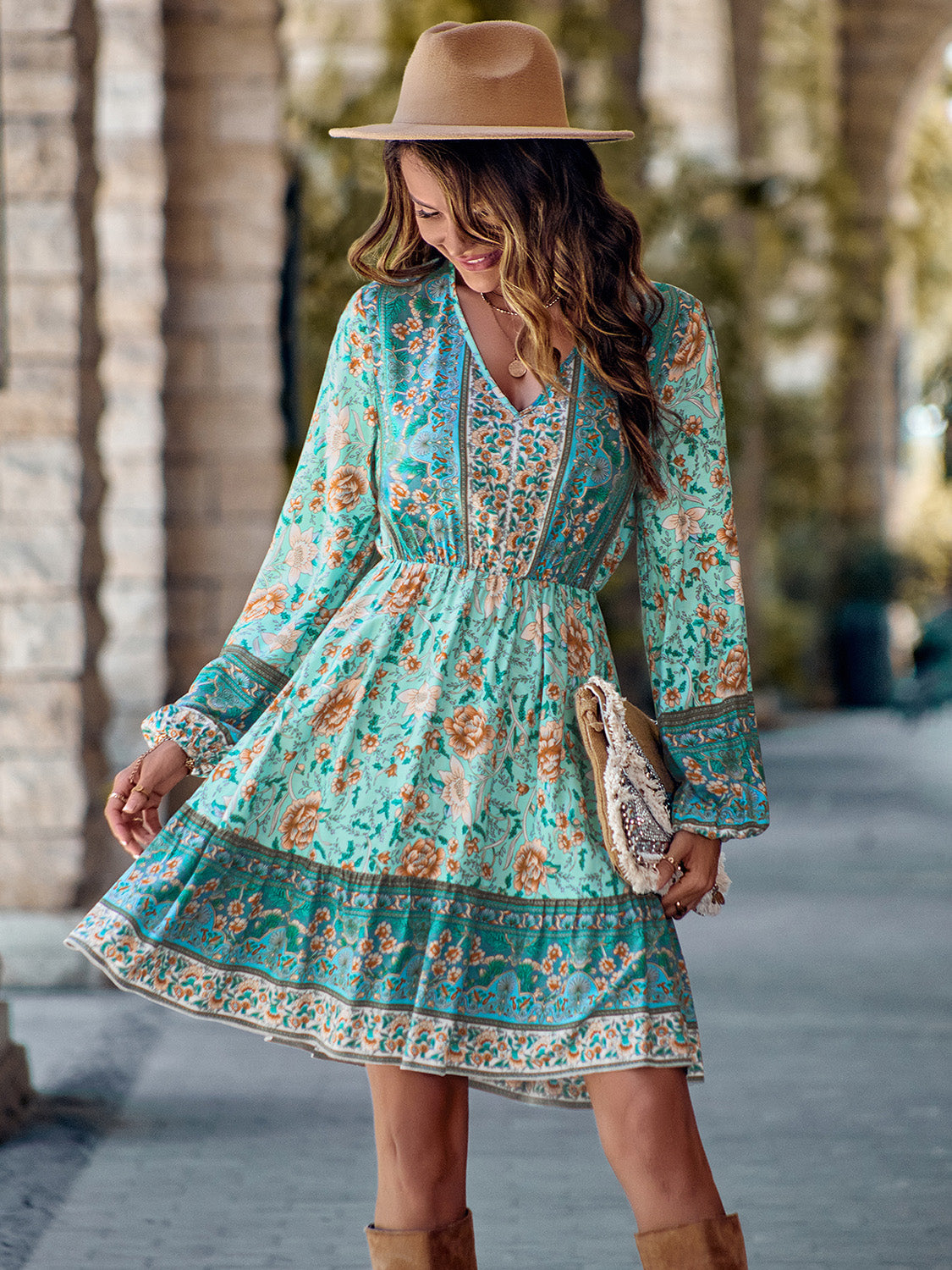 Honeybee Mumford's Bohemian V-Neck Long Sleeve Dress