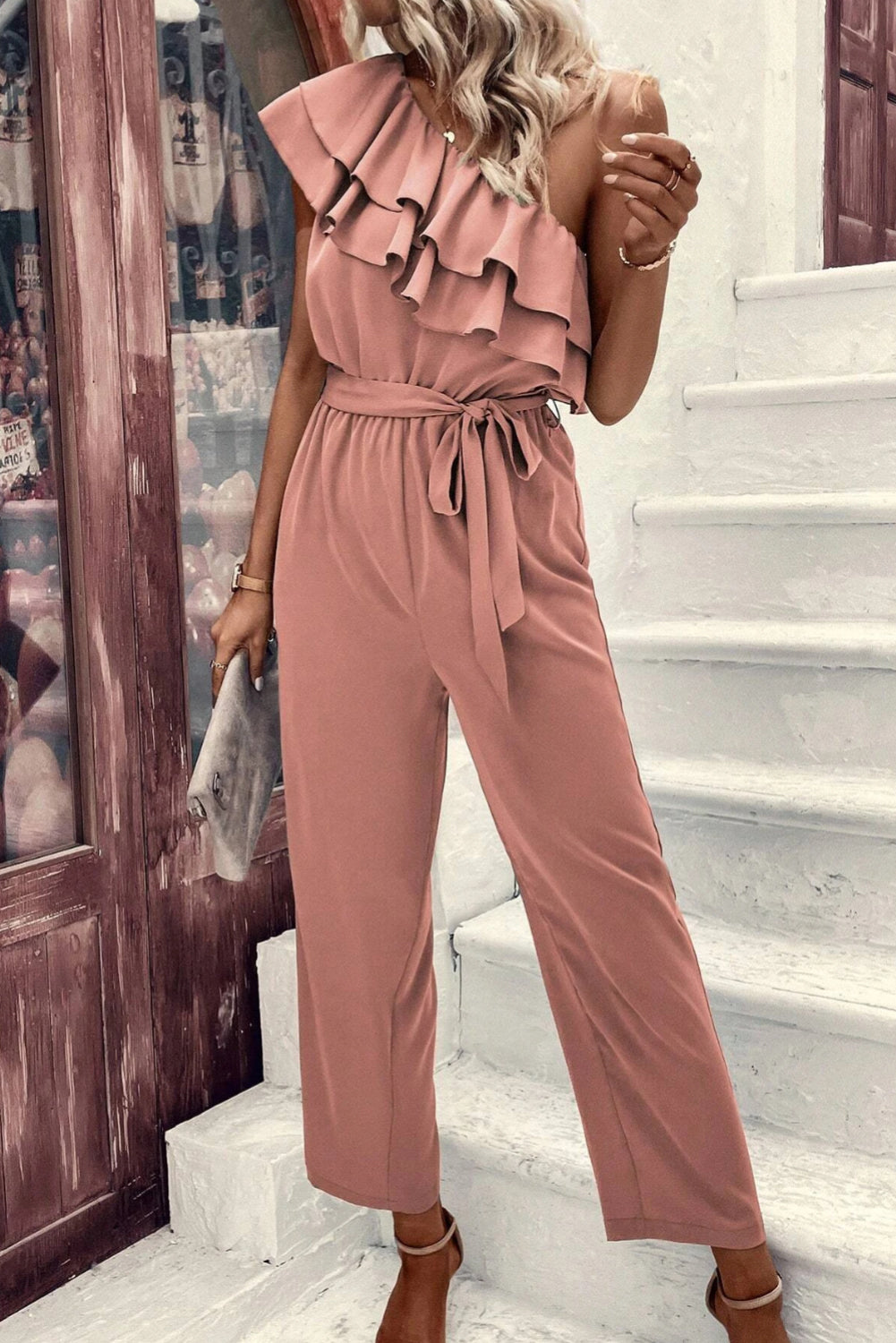 honeybee Mumford's Dusty Pink One Shoulder Ruffle Trim Belted Jumpsuit