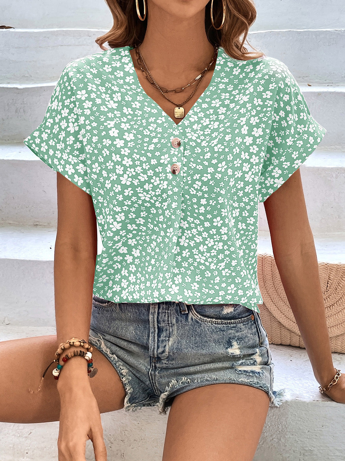 Honeybee Mumford's Printed V-Neck Short Sleeve Blouse