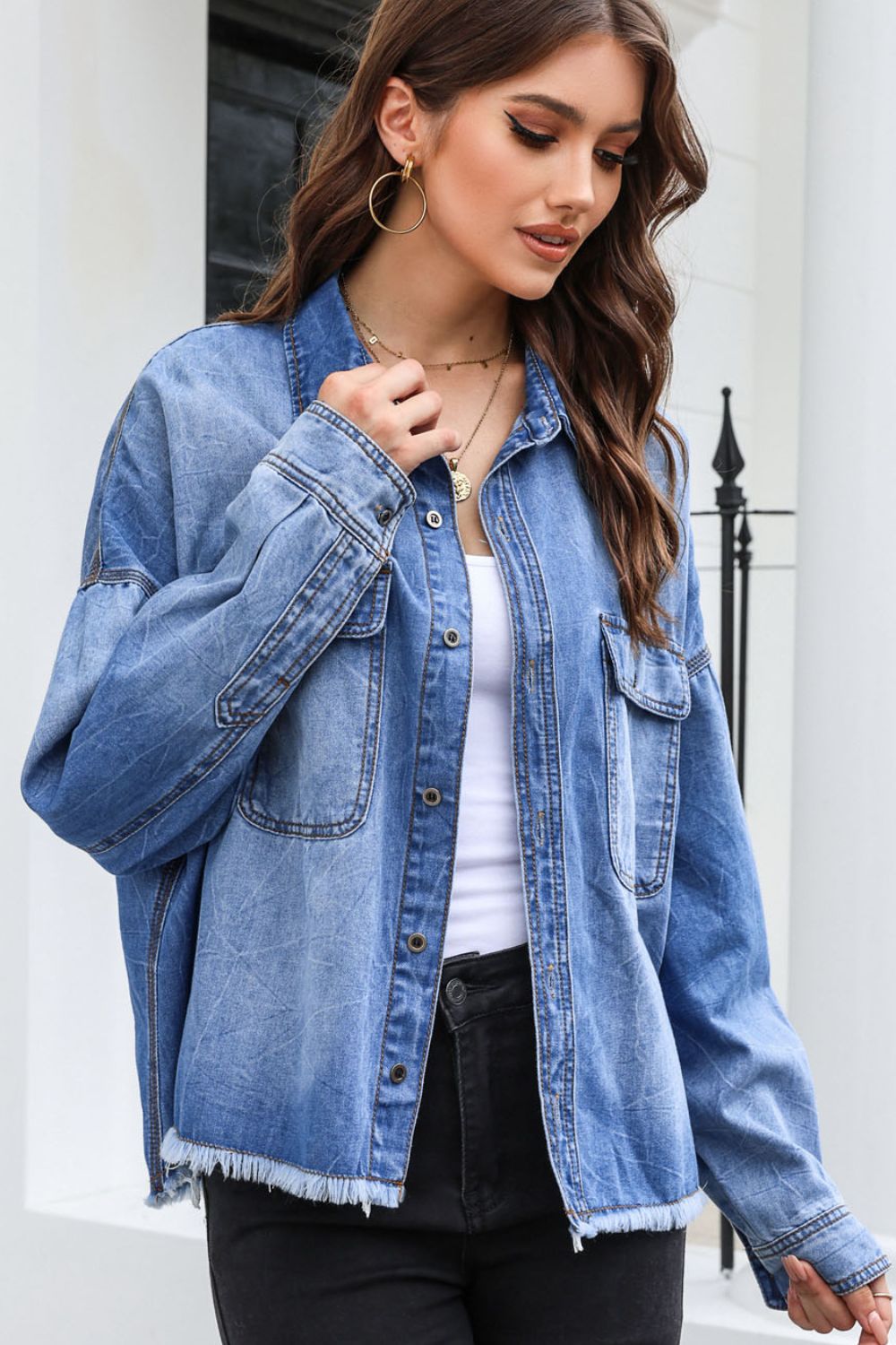 Honeybee Mumford's Raw Hem Pocketed Collared Neck Denim Jacket