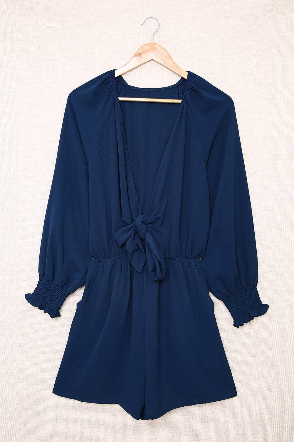 Honeybee Mumford's Navy Tie Knot Puff Long Sleeve Romper