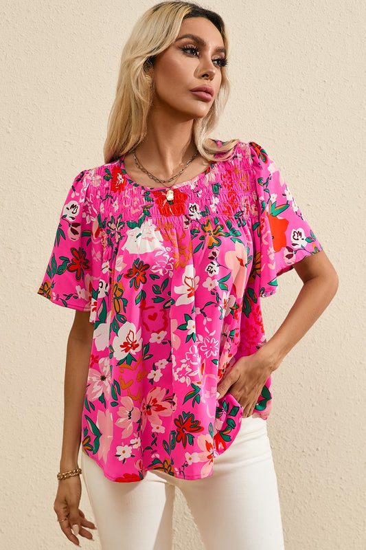 Honeybee Mumford's Smocked Printed Round Neck Half Sleeve Blouse