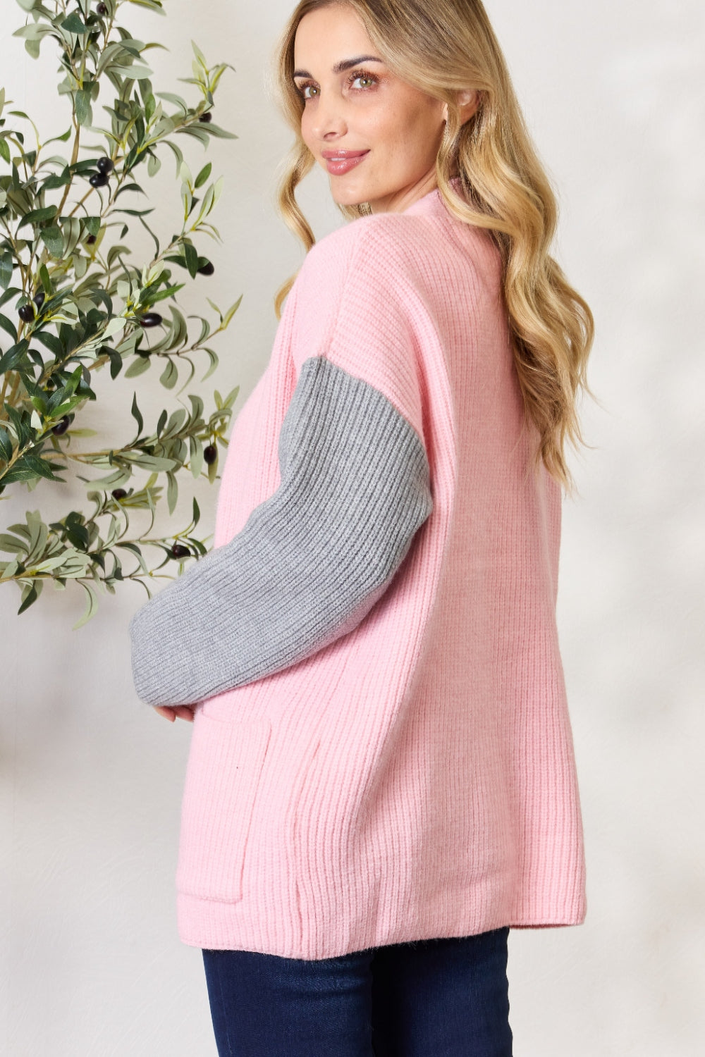 honeybee Mumford's Blush & Grey Contrast Open Front Cardigan with Pockets