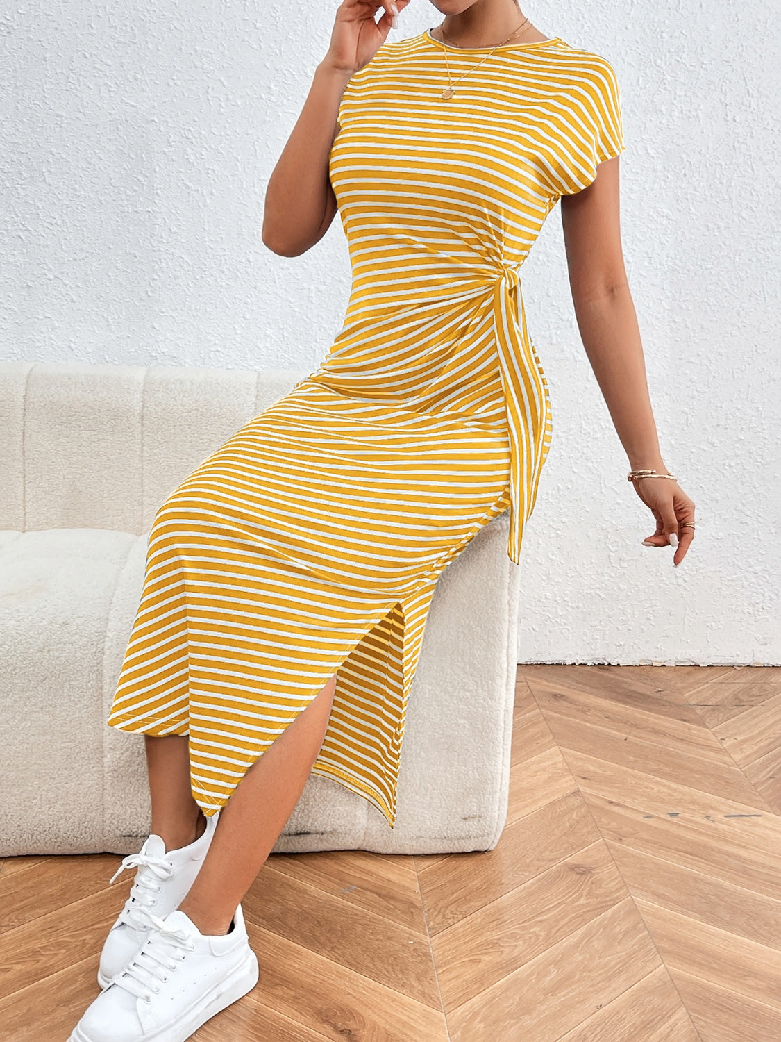 Honeybee Mumford's Tied Striped Round Neck Short Sleeve Tee maxi Dress