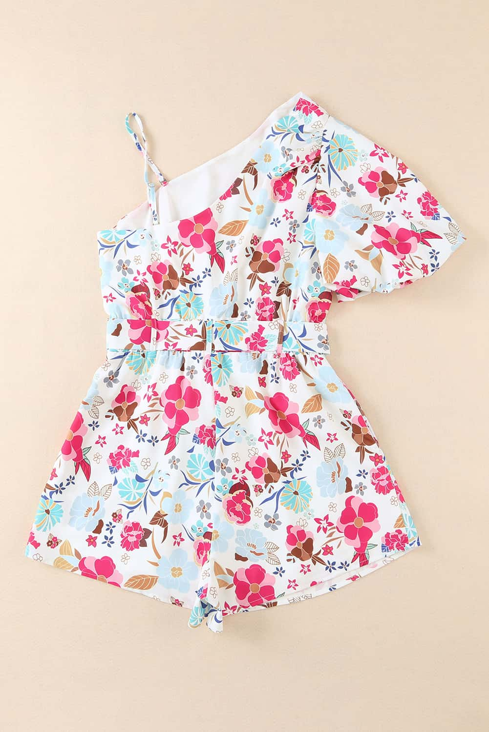 Honeybee Mumford's White Floral Single Bubble Sleeve Slant Shoulder Romper