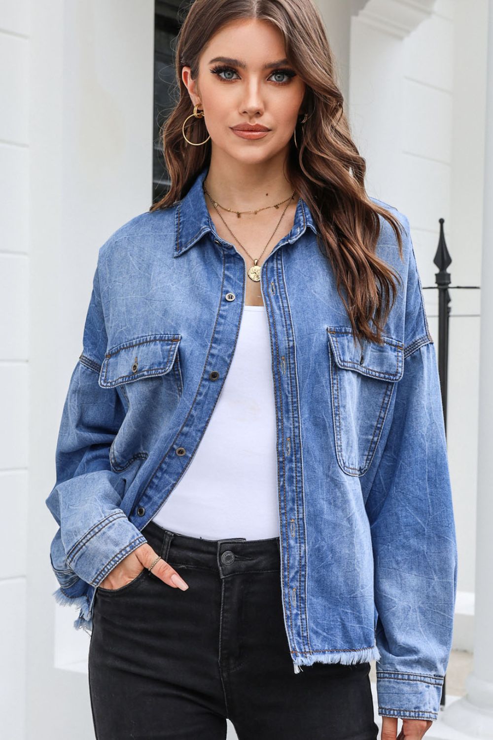 Honeybee Mumford's Raw Hem Pocketed Collared Neck Denim Jacket