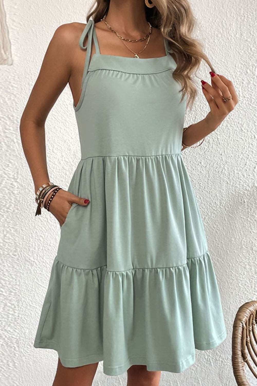 Honeybee Mumford's Tie-Shoulder Tiered Dress with Pockets