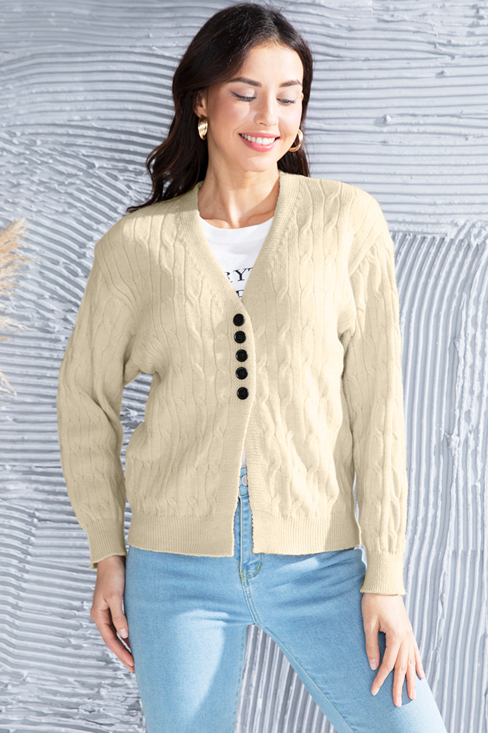 Honeybee Mumford's Cable-Knit Button Up Dropped Shoulder Cardigan