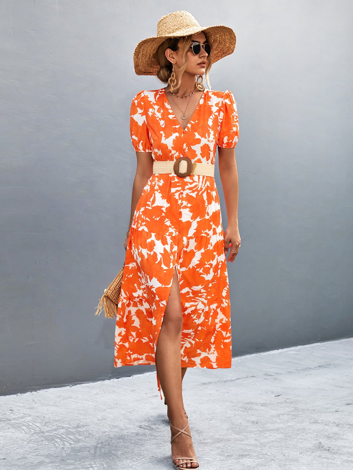 Honeybee Mumford's V-Neck Short Sleeve High Slit Midi Dress