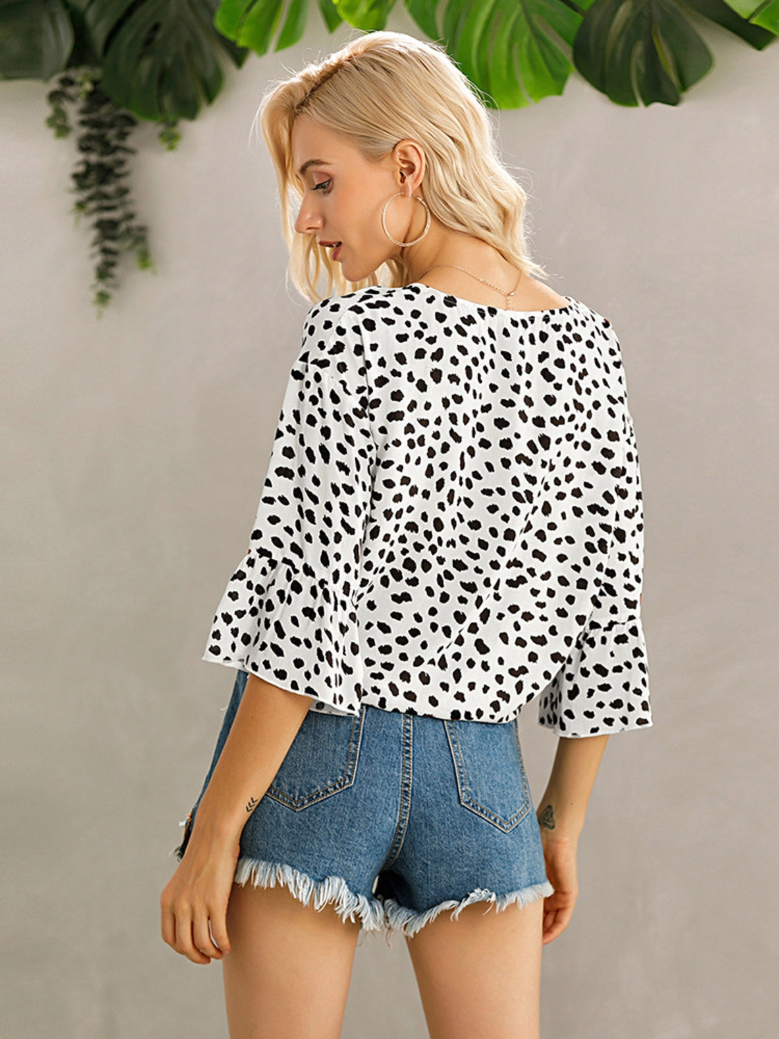 Honeybee Mumford's Tied Printed Button Up V-Neck Blouse