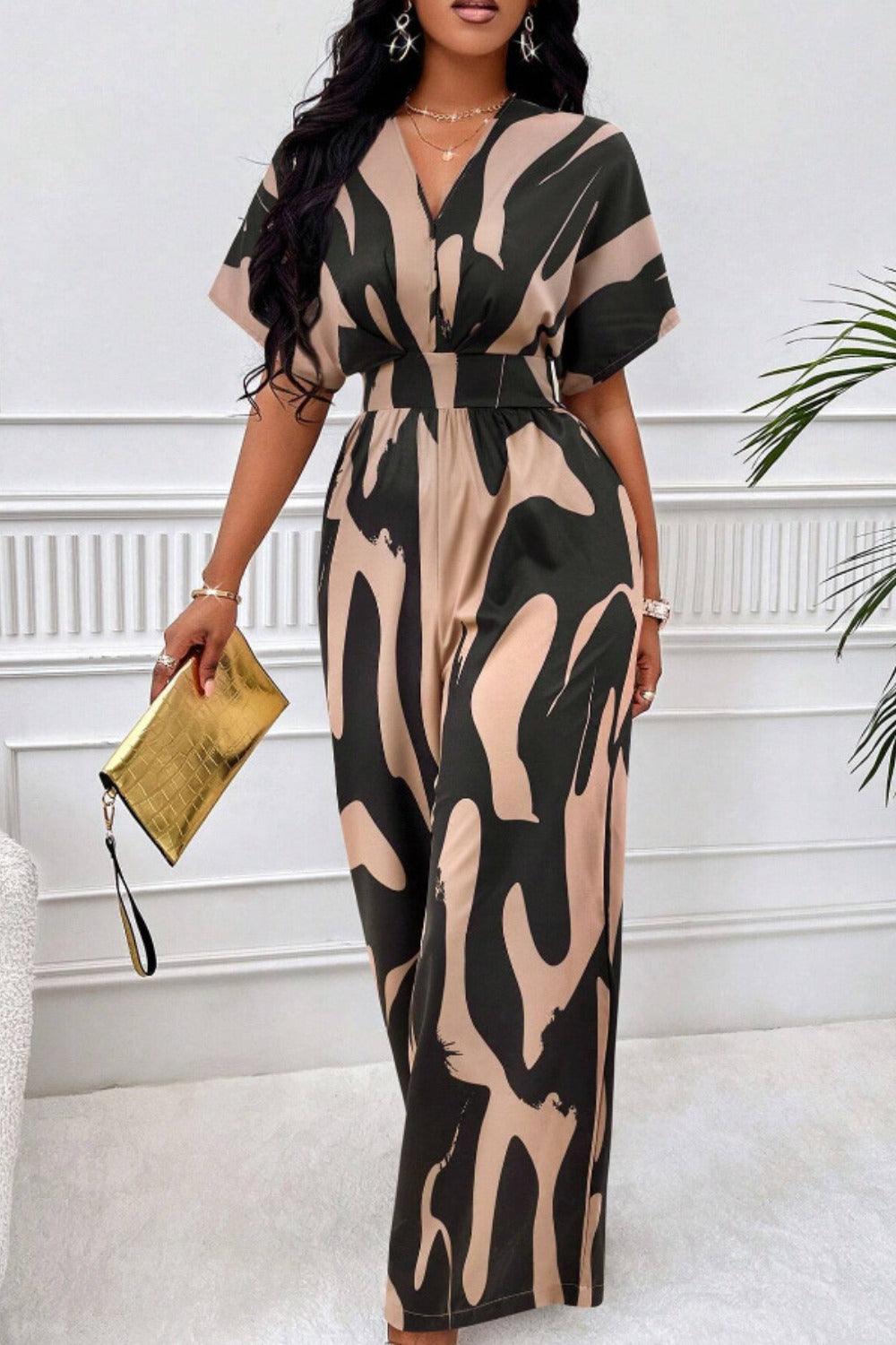 Honeybee Mumford's Printed V-Neck Short Sleeve Wide Leg Jumpsuit