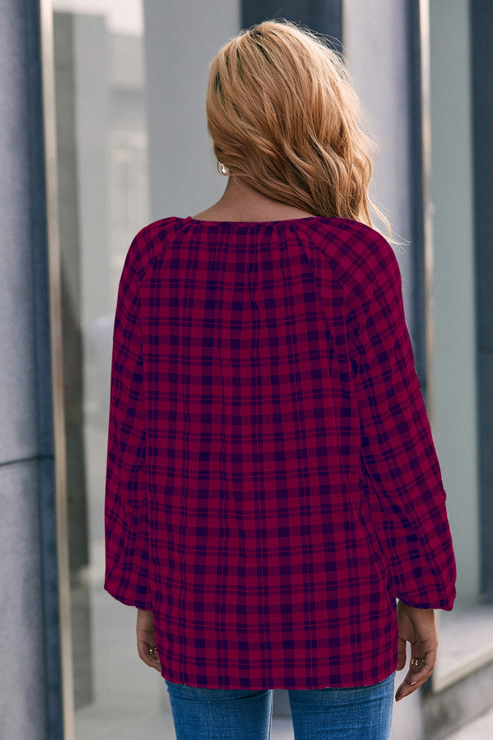 Honeybee Mumford's Plaid Tie Neck Balloon Sleeve Blouse