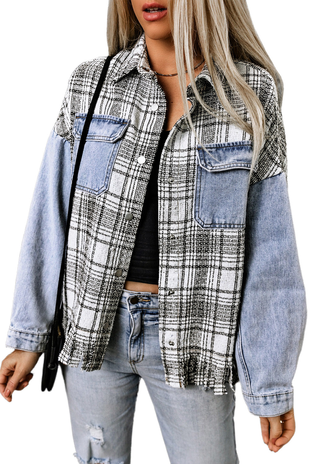 Honeybee Mumford's Sky Blue Plaid Patchwork Fringed Flap Pockets Denim Jacket