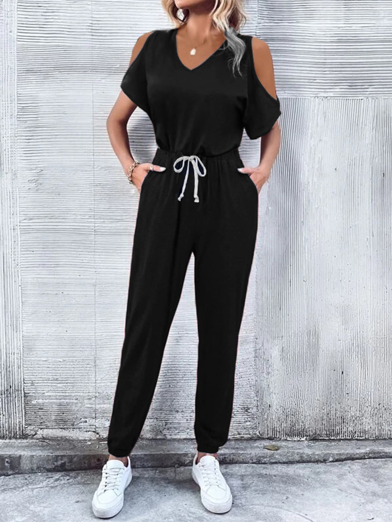 Honeybee Mumford's V-Neck Cold-Shoulder Jumpsuit with Pockets