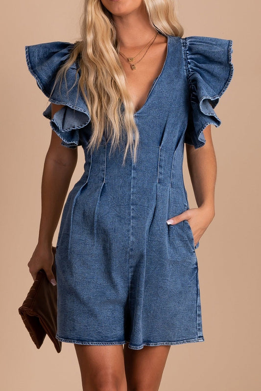 Honeybee Mumford's Blue Ruffle Pleated Denim Romper with Pockets