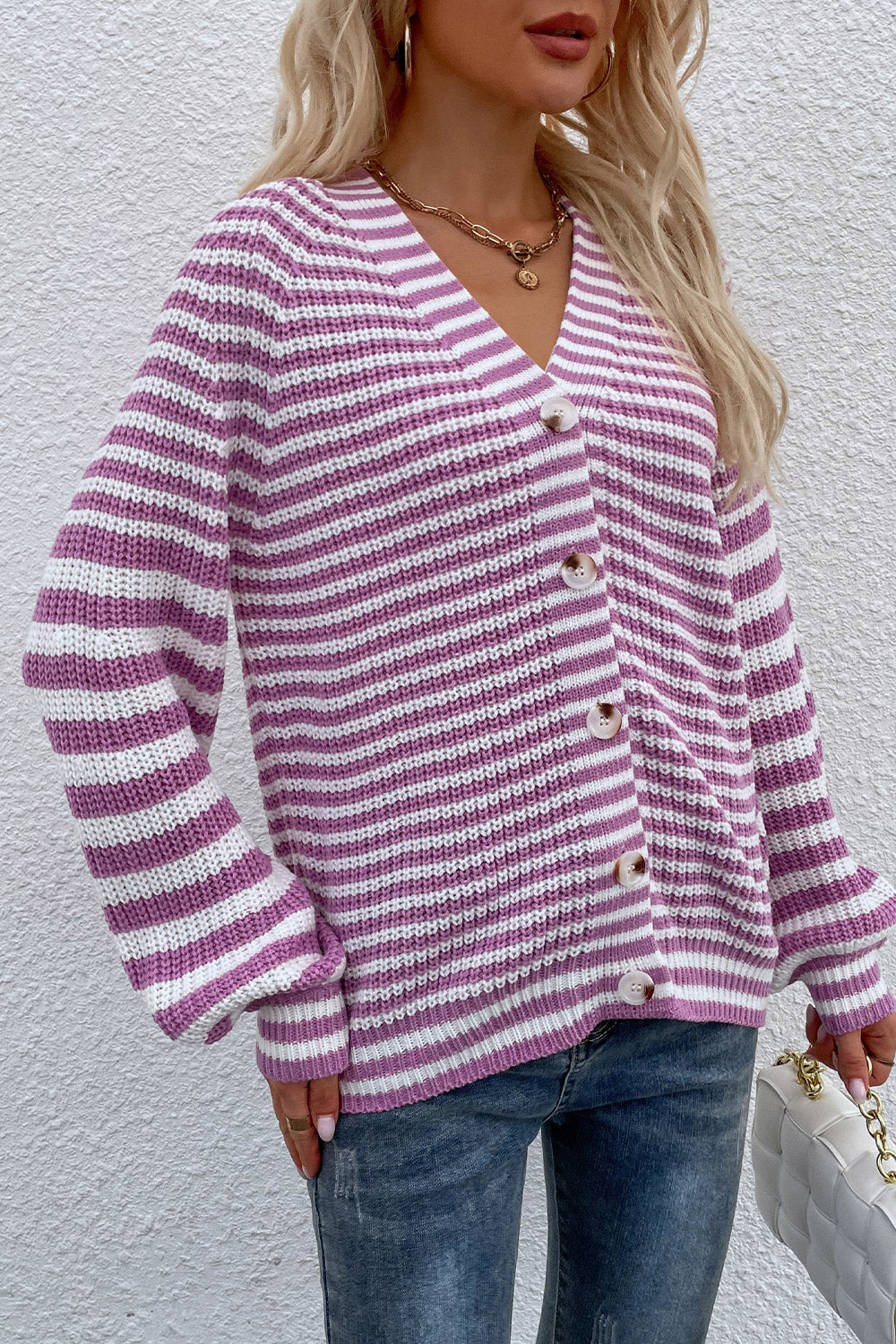 Honeybee Mumford's Striped V-Neck Button-Down Cardigan