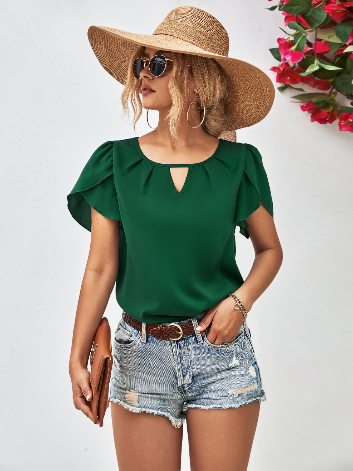 Honeybee Mumford's Cutout Round Neck Petal Sleeve Blouse