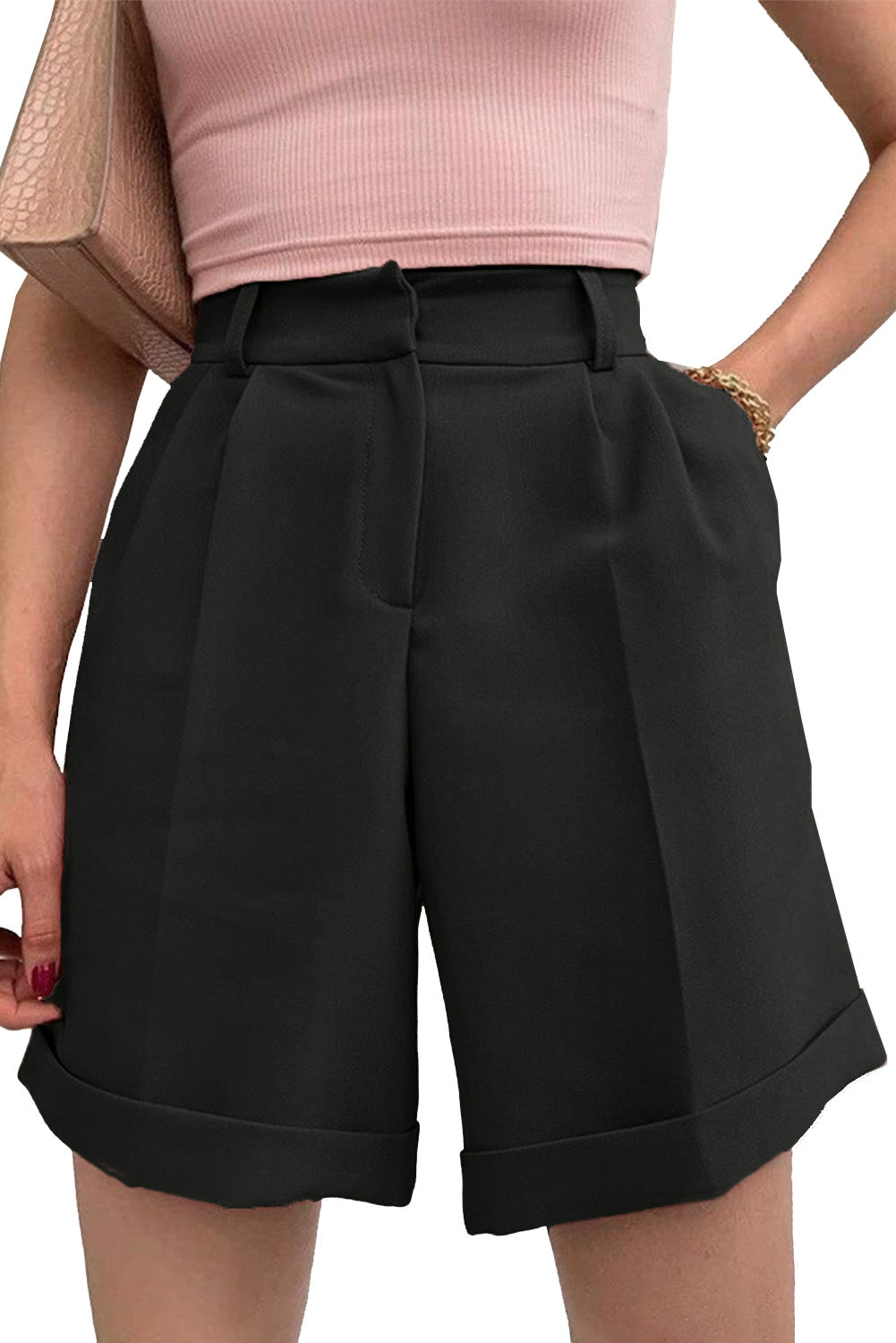 Honeybee Mumford's Black Casual Pocketed High Waist Bermuda Shorts