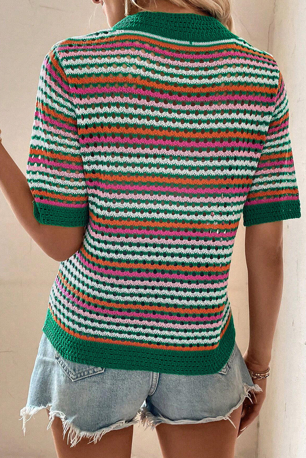 Honeybee Mumford's Dark Green Striped Pattern Contrast Trim Pointelle Knit T Shirt