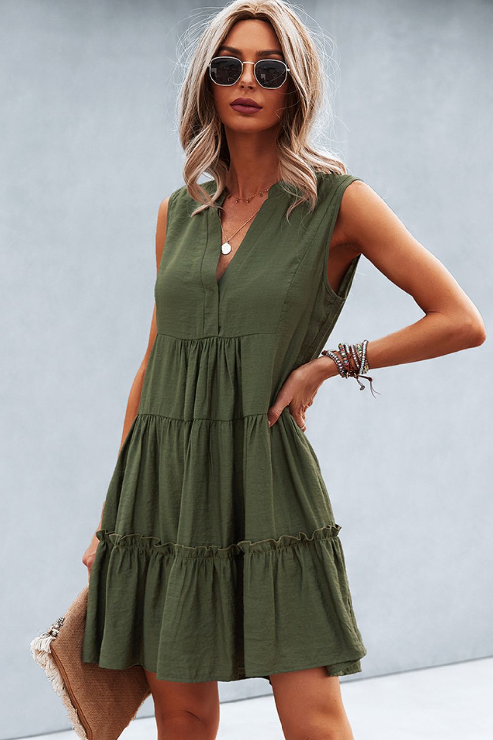 Honeybee Mumford's Frill Trim Notched Sleeveless Tiered Dress