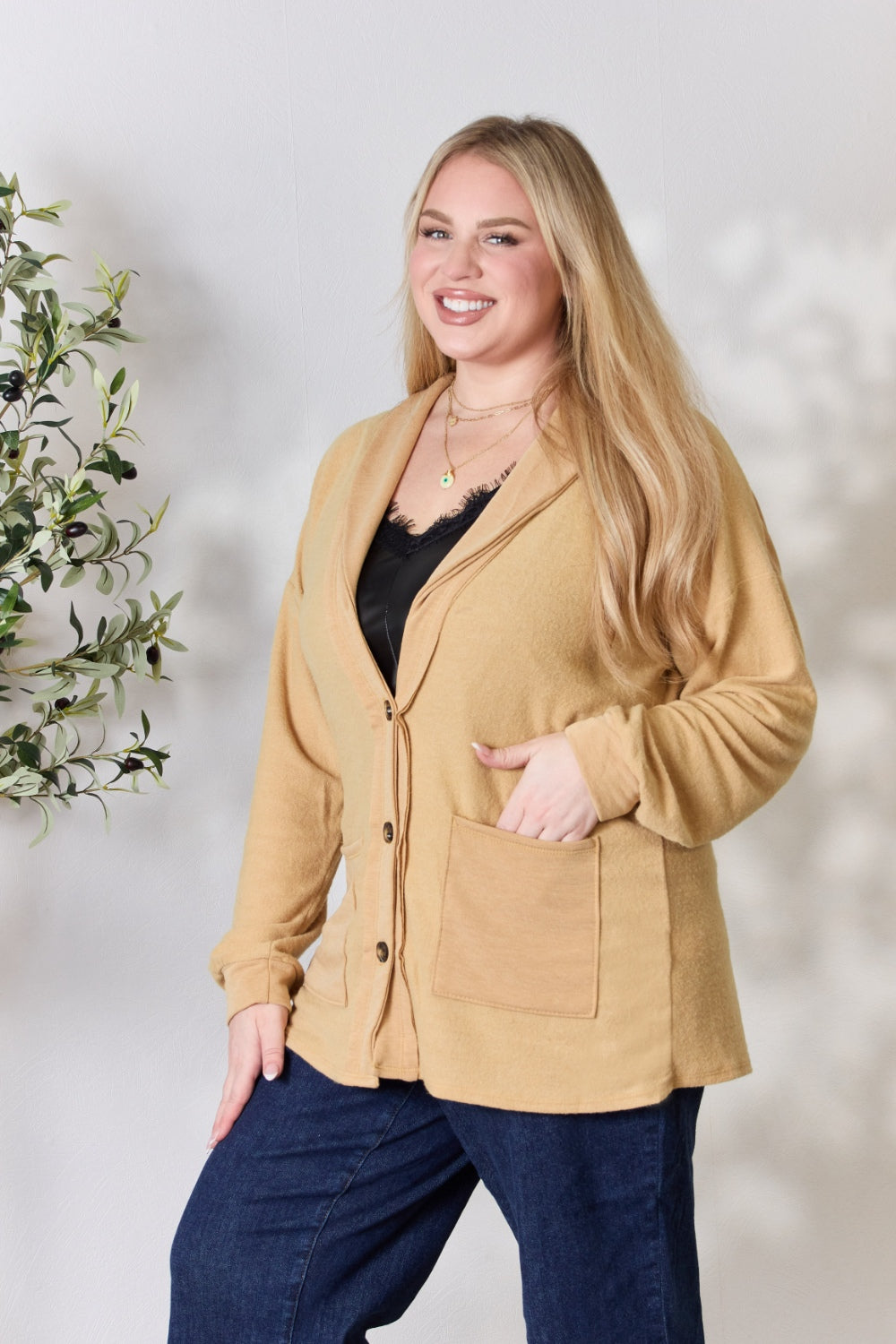 Honeybee Mumford's Heimish Full Size Button Up Long Sleeve Cardigan