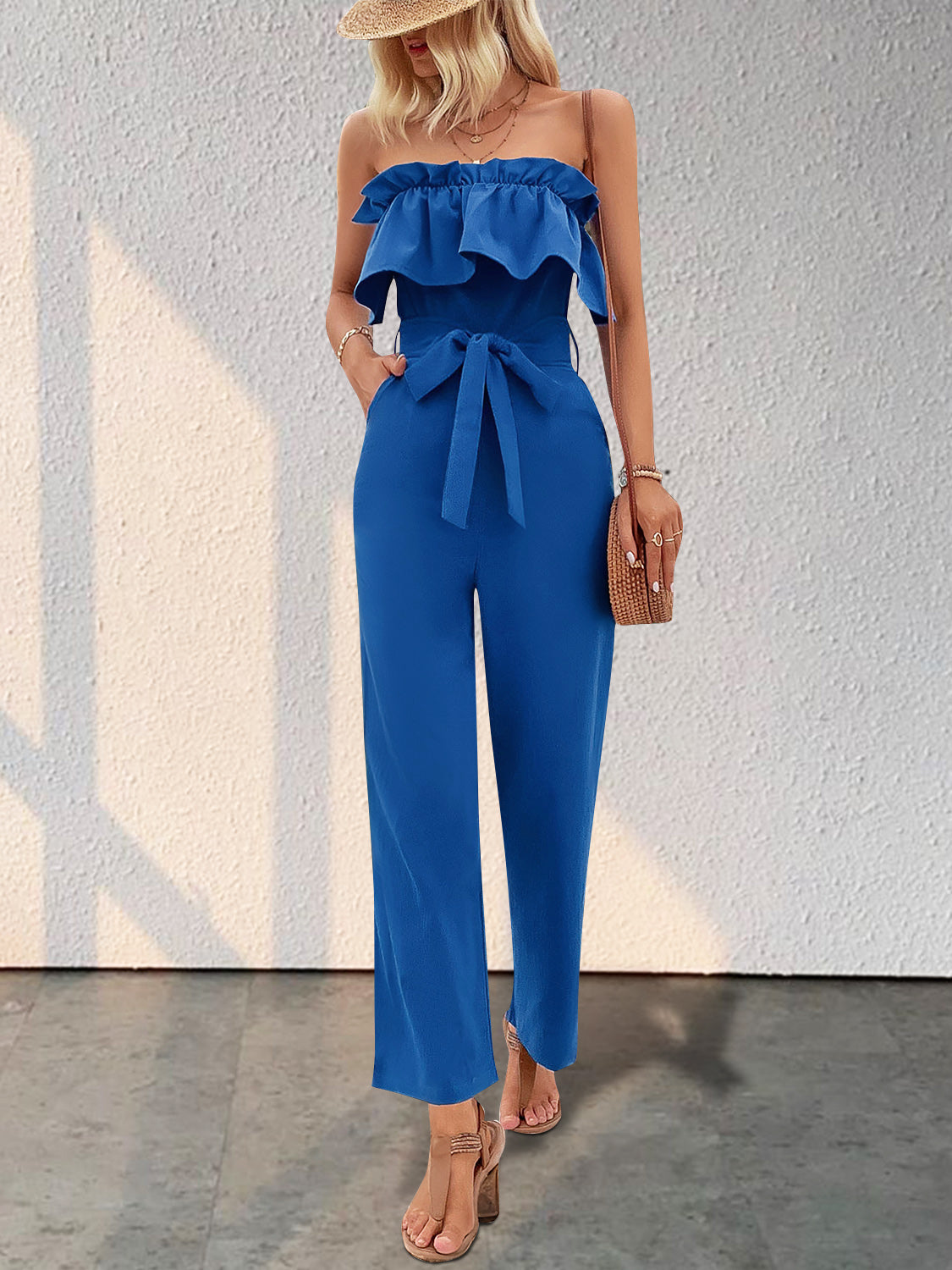 Honeybee Mumford's Ruffled Tie Waist Tube Jumpsuit