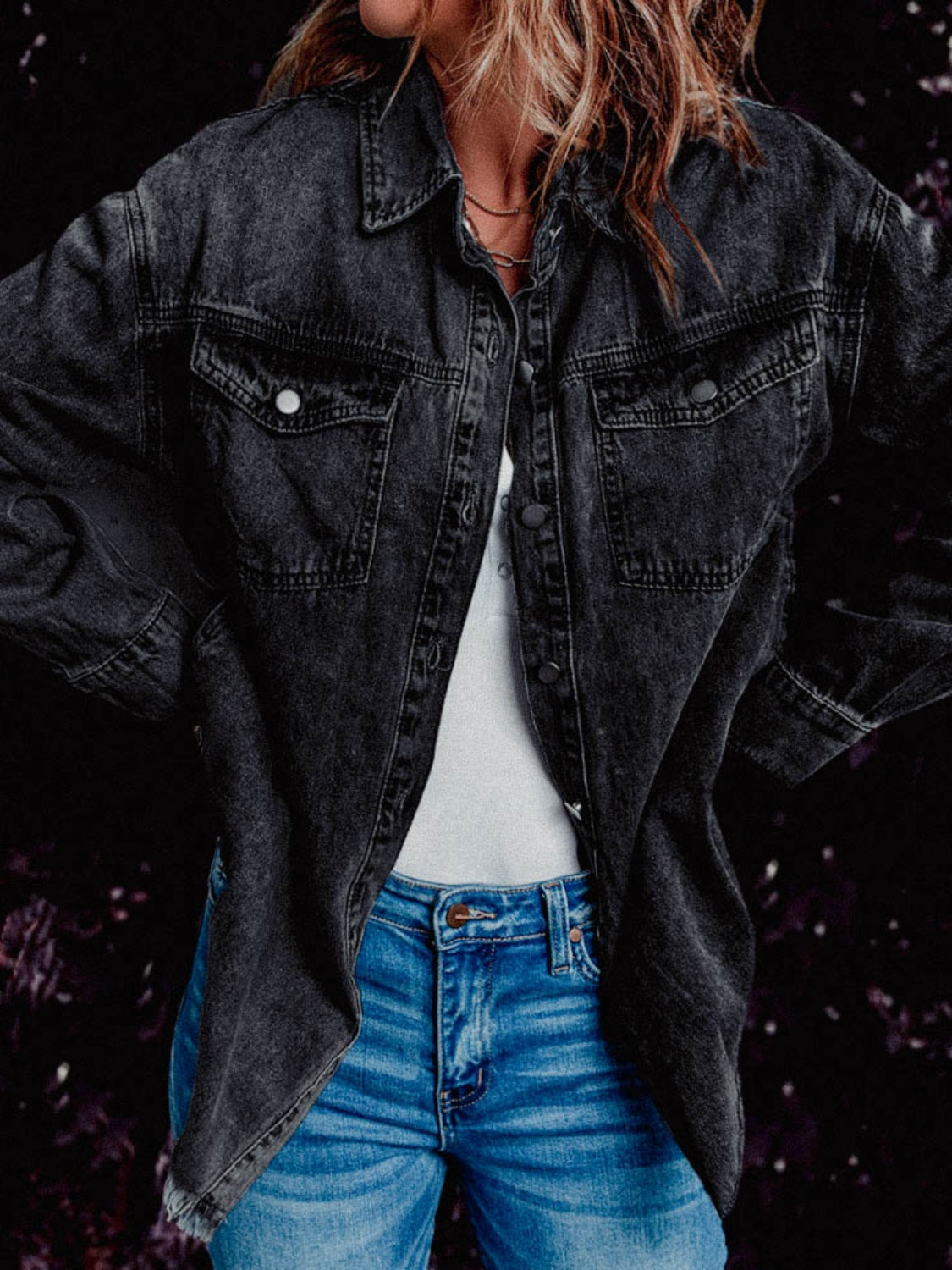 Honeybee Mumford's Frayed Hem Collared Denim Jacket