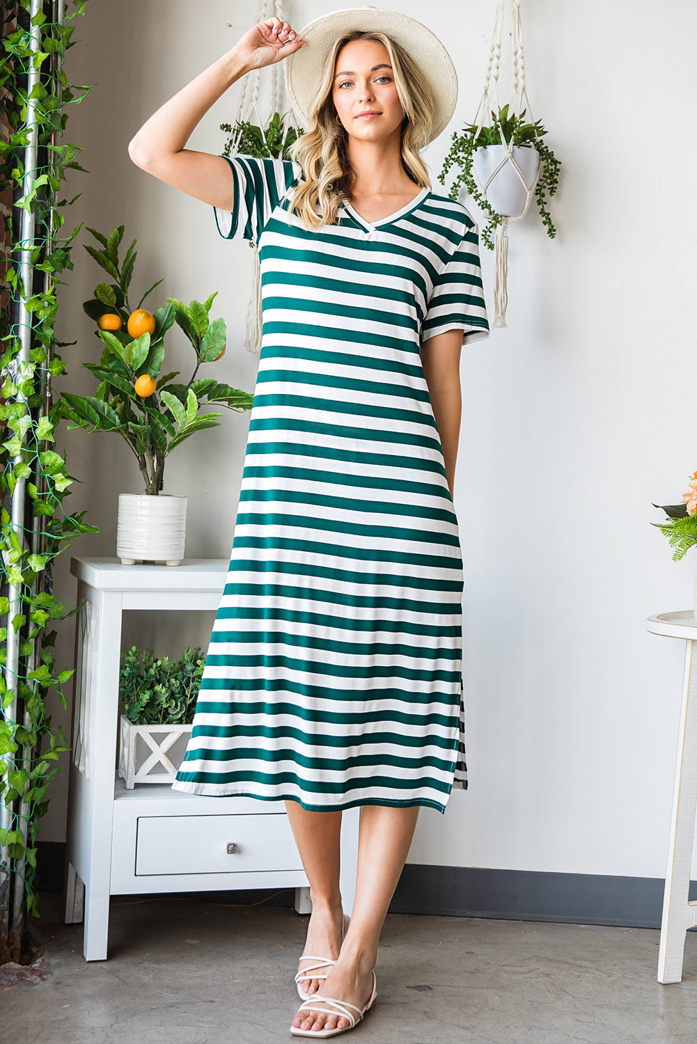 Honeybee Mumford's Striped V-Neck Short Sleeve Side Slit Dress