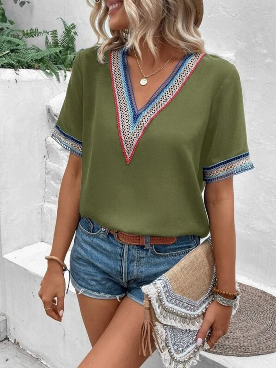 Honeybee Mumford's V-Neck Short Sleeve Blouse