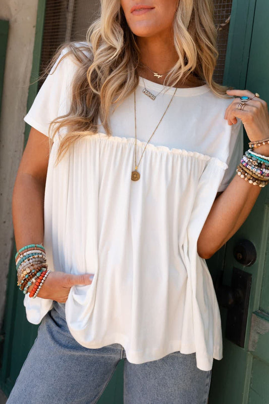 Honeybee Mumford's White Ruffled Trim Loose Babydoll Tee