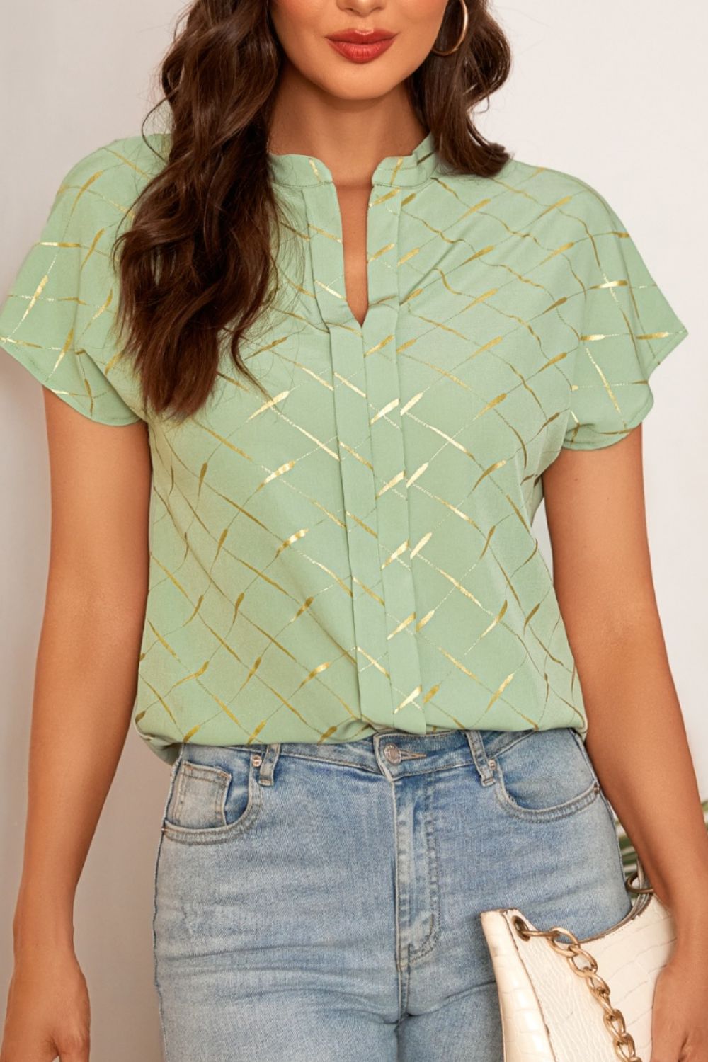 Honeybee Mumford's Printed Notched Short Sleeve Blouse