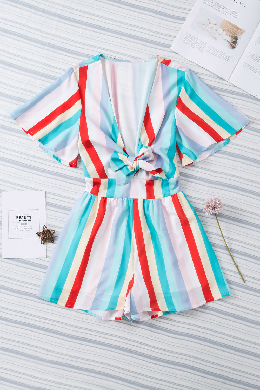 Honeybee Mumford's Multicolor Stripe Print Tie V Neck Flowy Romper