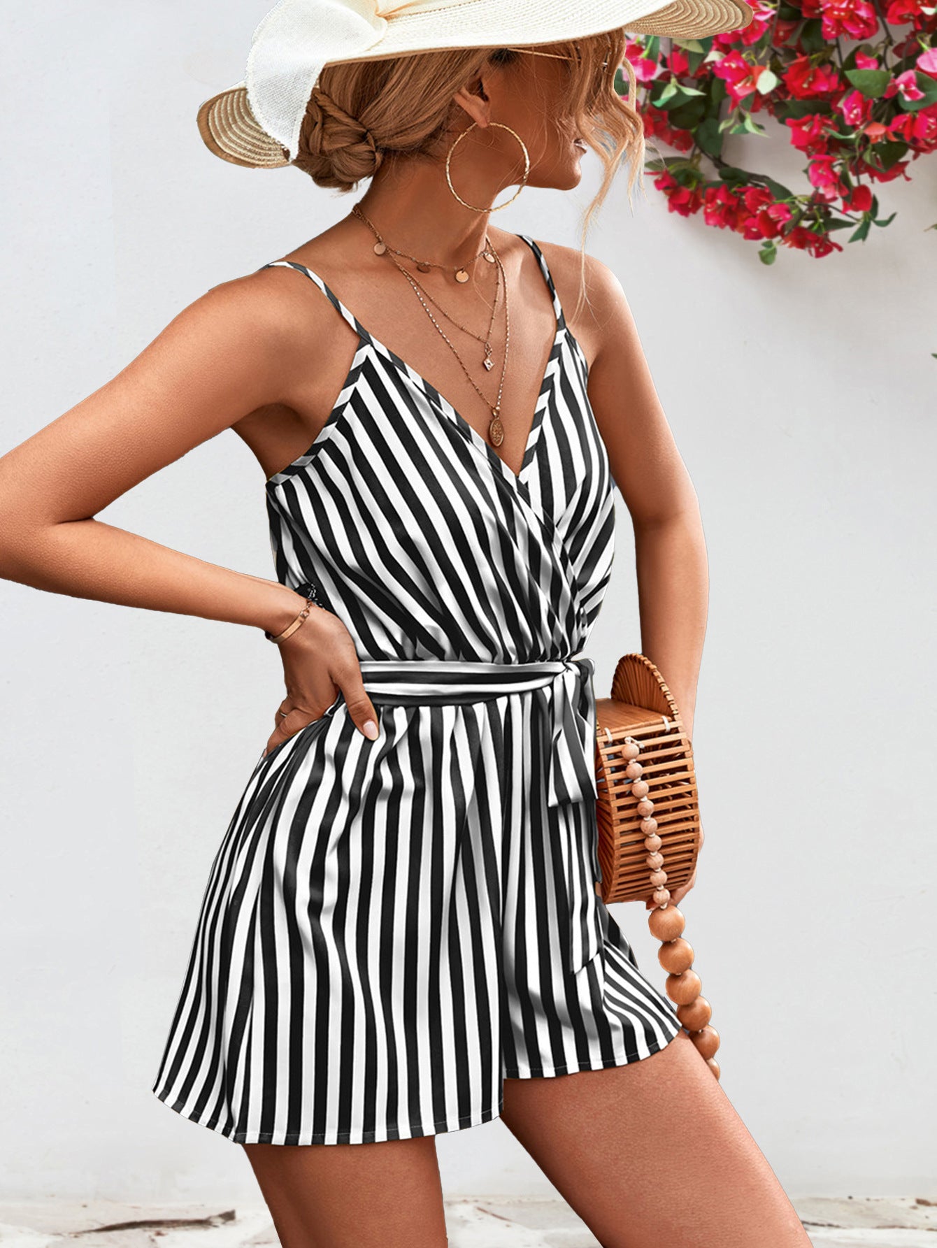 Honeybee Mumford's Striped Tie Waist Spaghetti Strap Romper