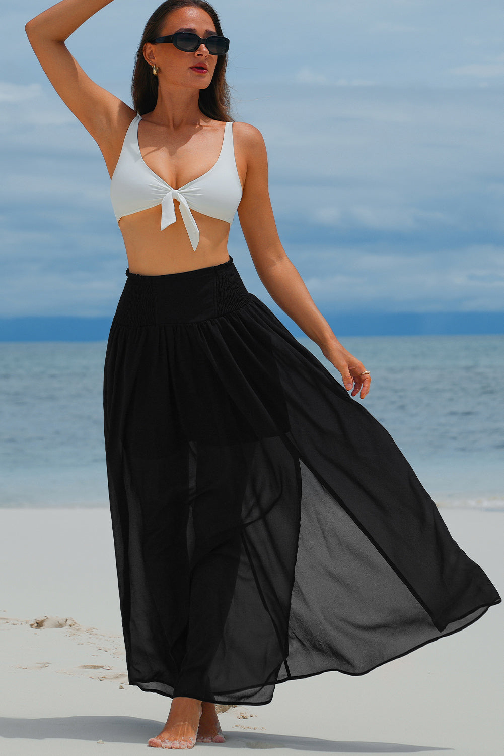 Honeybee Mumford's Black Shirred High Waist Chiffon Split Beach Maxi Skirt