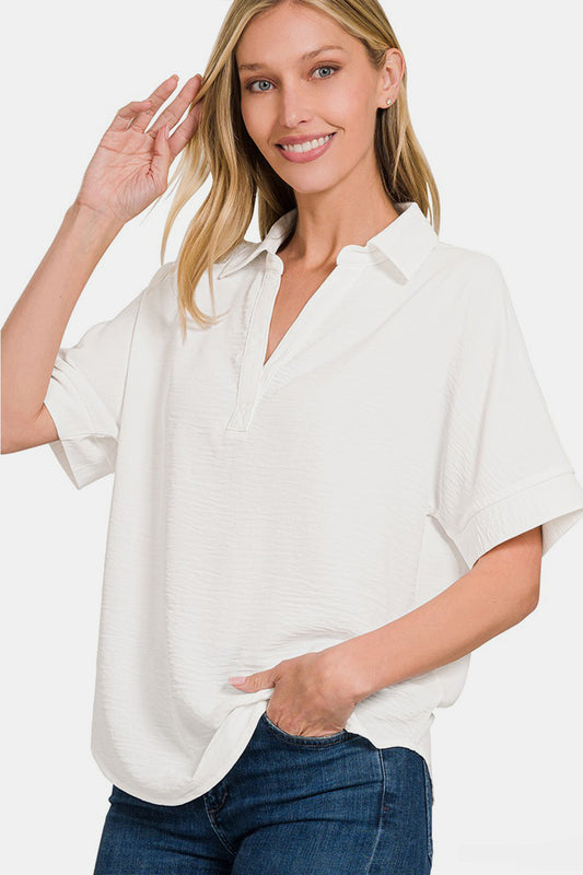 Honeybee Mumford's Texture Collared Neck Short Sleeve Top