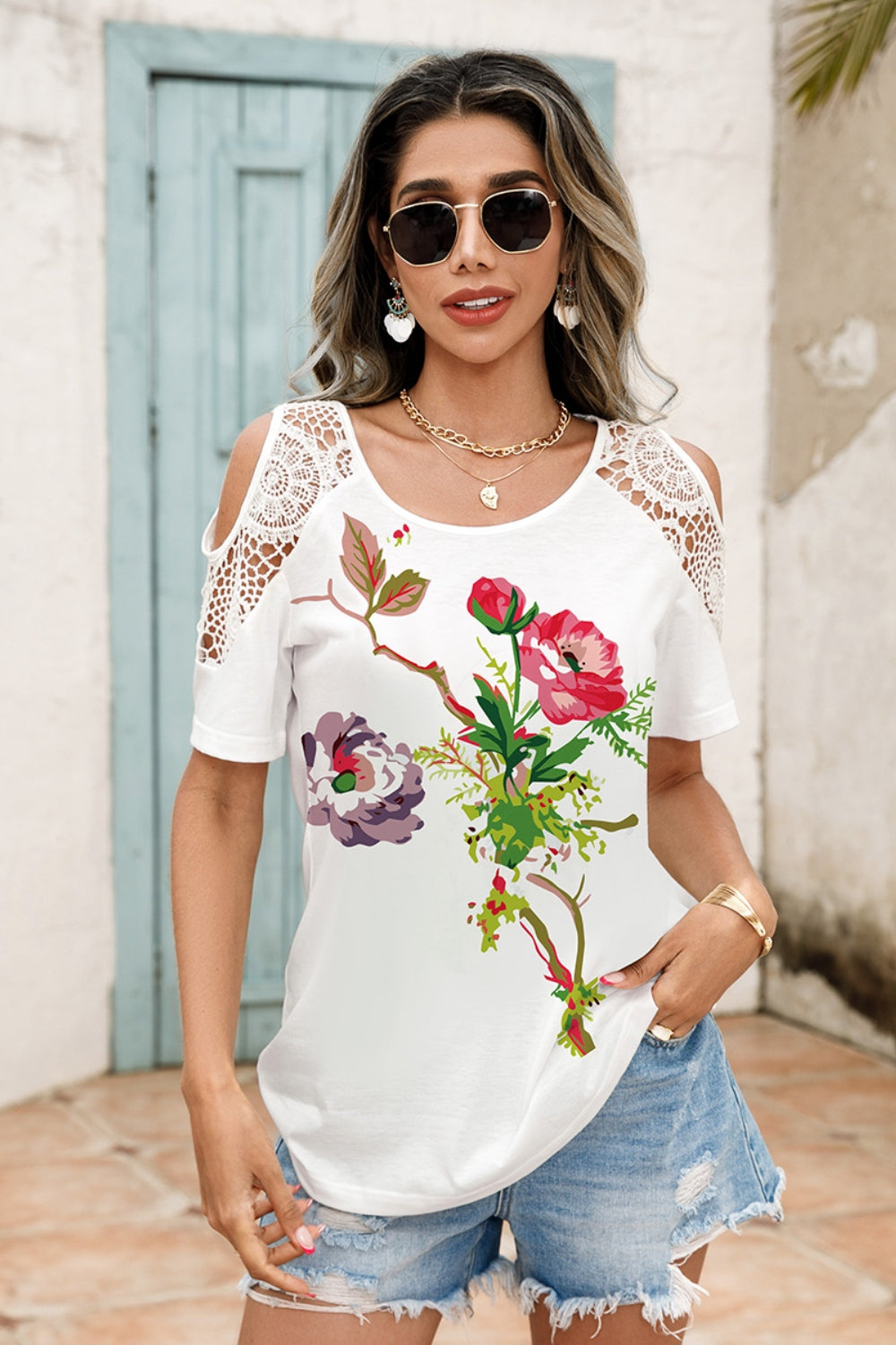 Honeybee Mumford's Lace Detail Round Neck Cold Shoulder Blouse