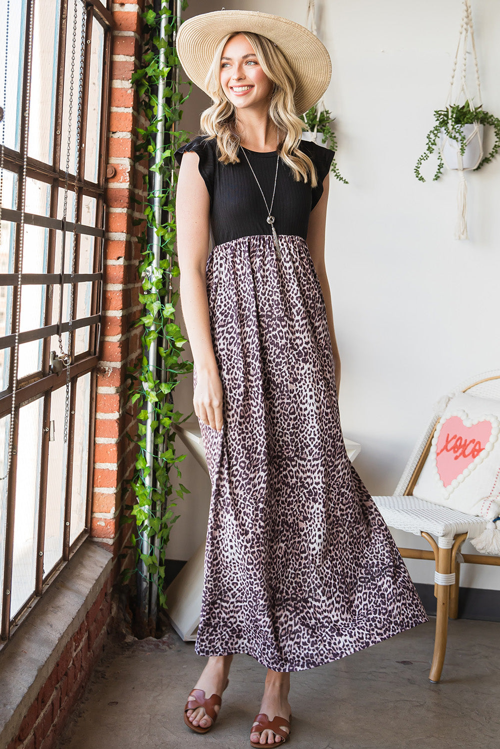 Honeybee Mumford's Leopard Print Round Neck Maxi Dress with Pockets