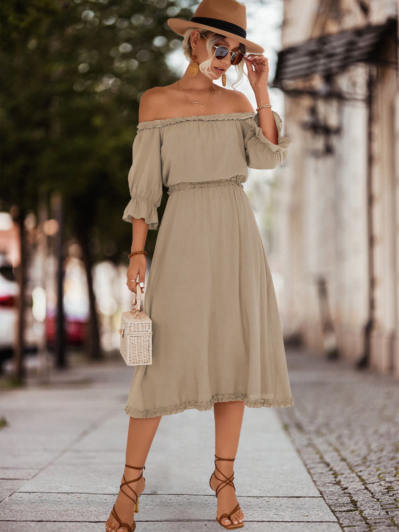 Honeybee Mumford's Frilled Off-Shoulder Flounce Sleeve Dress