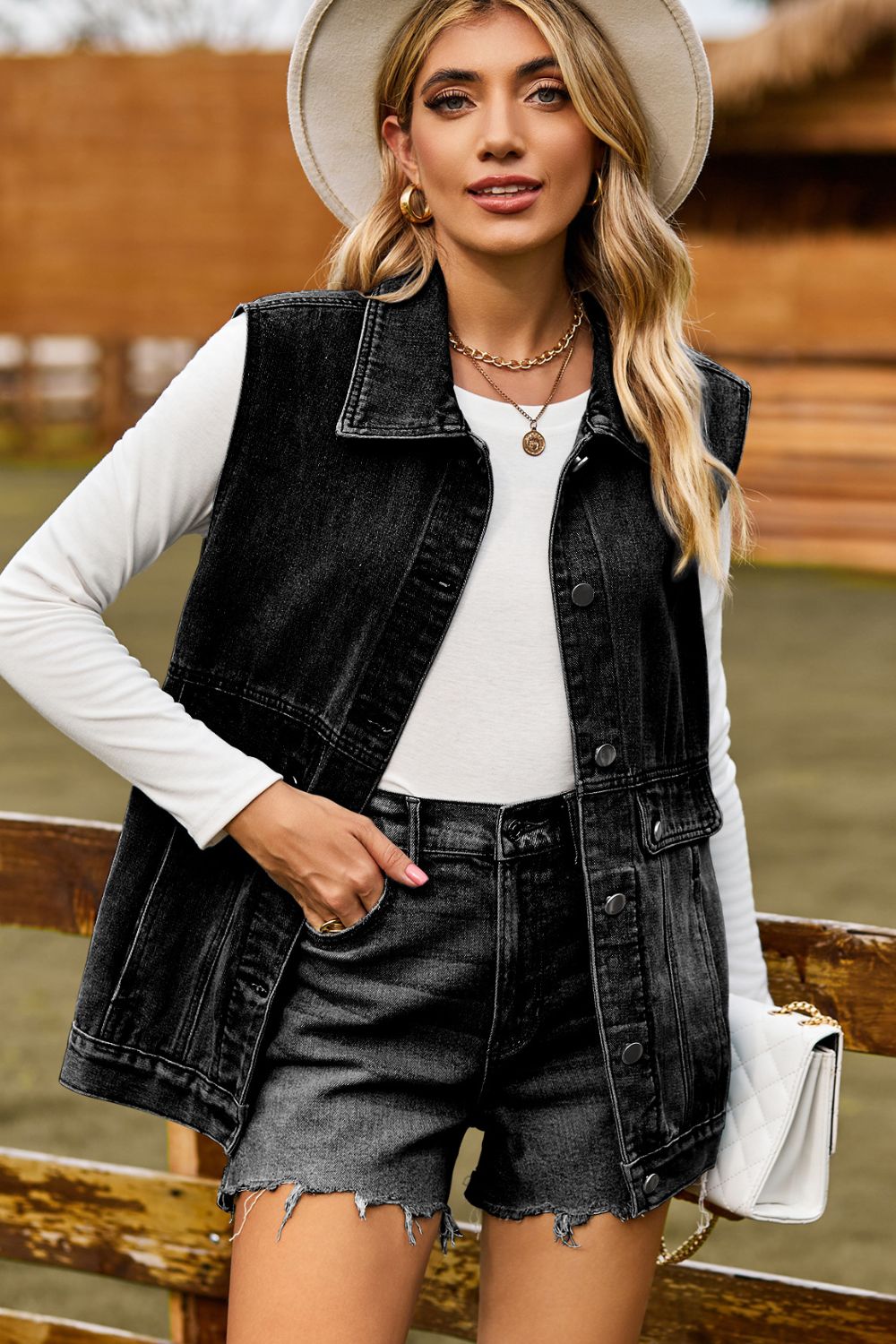 Honeybee Mumford's Sleeveless Collared Neck Denim Top with Pockets