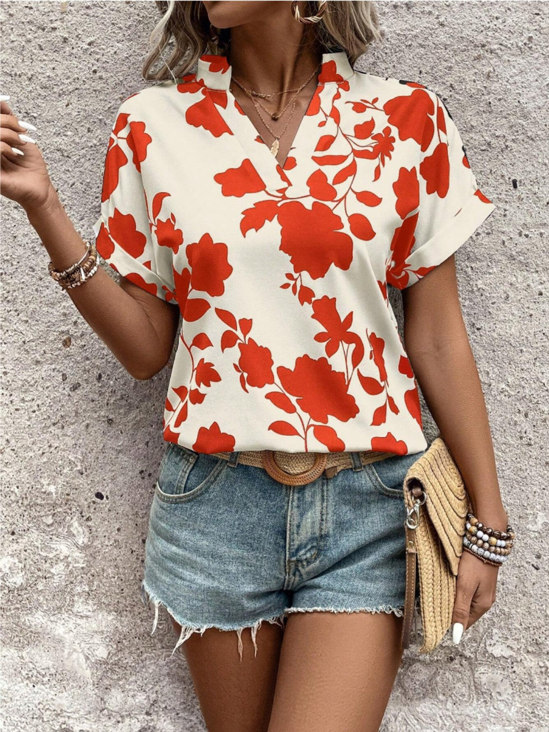 Honeybee Mumford's Flower Notched Short Sleeve Blouse