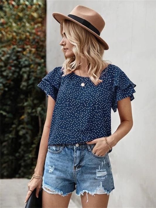 Honeybee Mumford's Ruffled Polka Dot Round Neck Short Sleeve Blouse