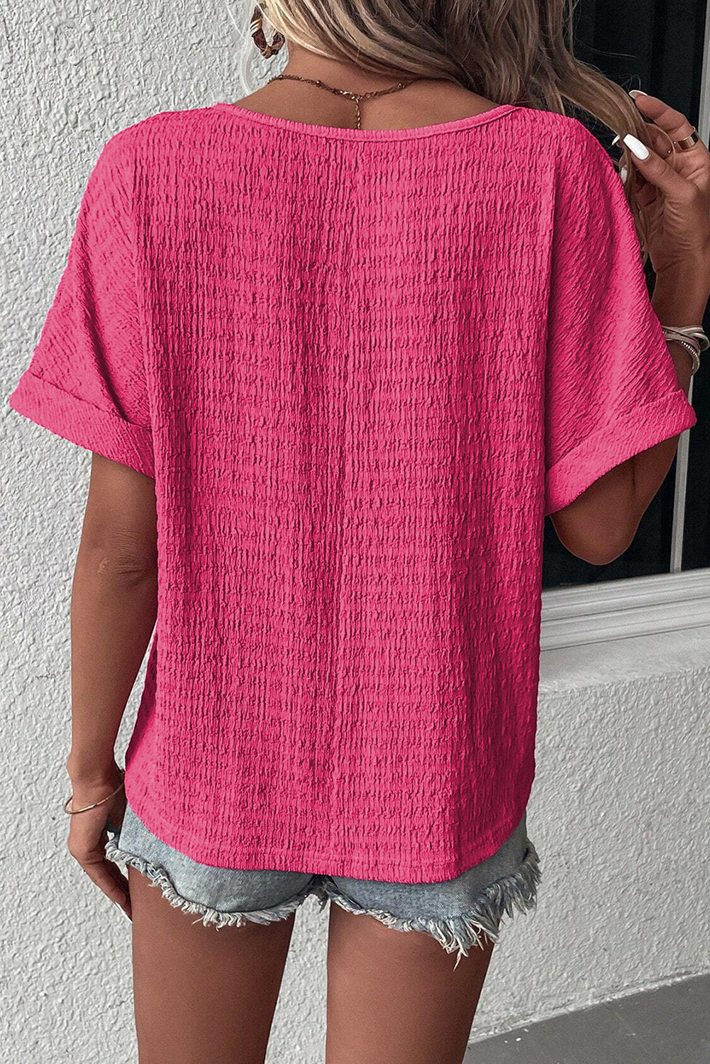 Honeybee Mumford's Bright Pink Textured Rolled Short Sleeve V Neck Blouse