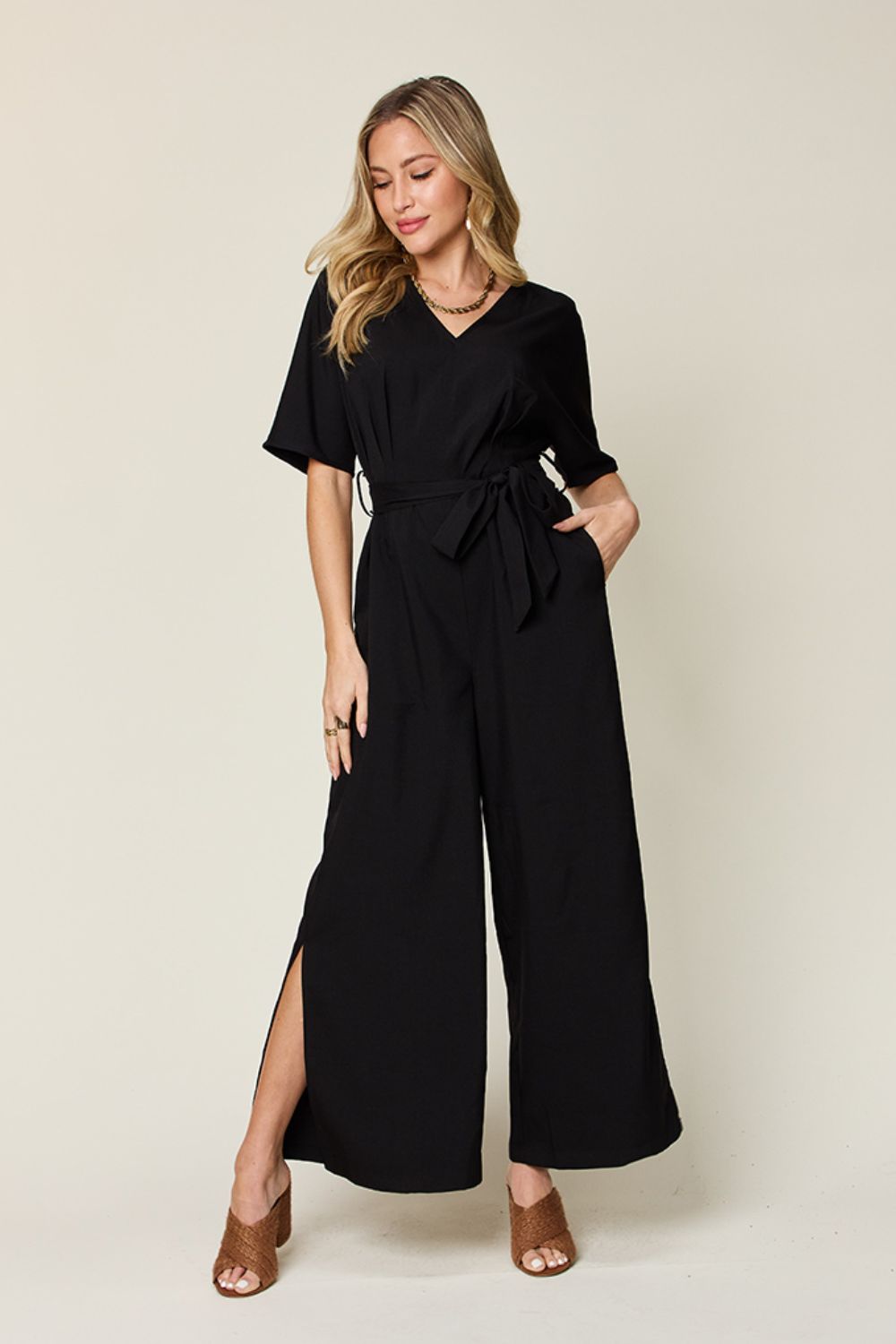 Honeybee Mumford's Full Size V-Neck Tie Front Short Sleeve Slit Jumpsuit