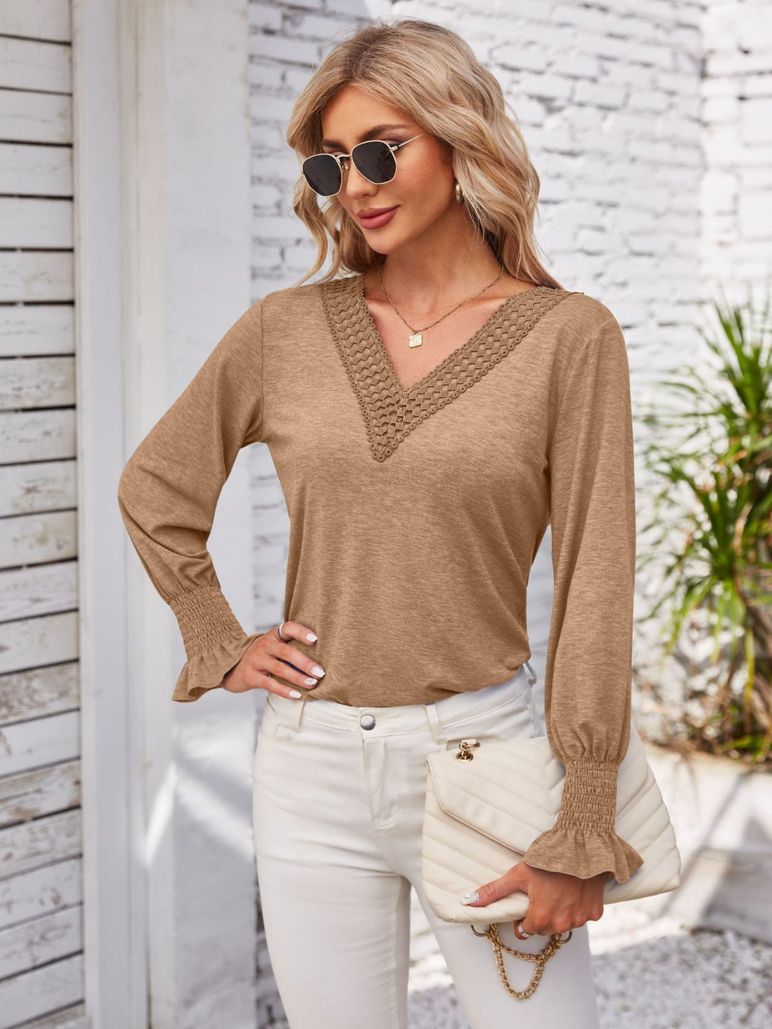 Honeybee Mumford's Smocked V-Neck Long Sleeve Blouse