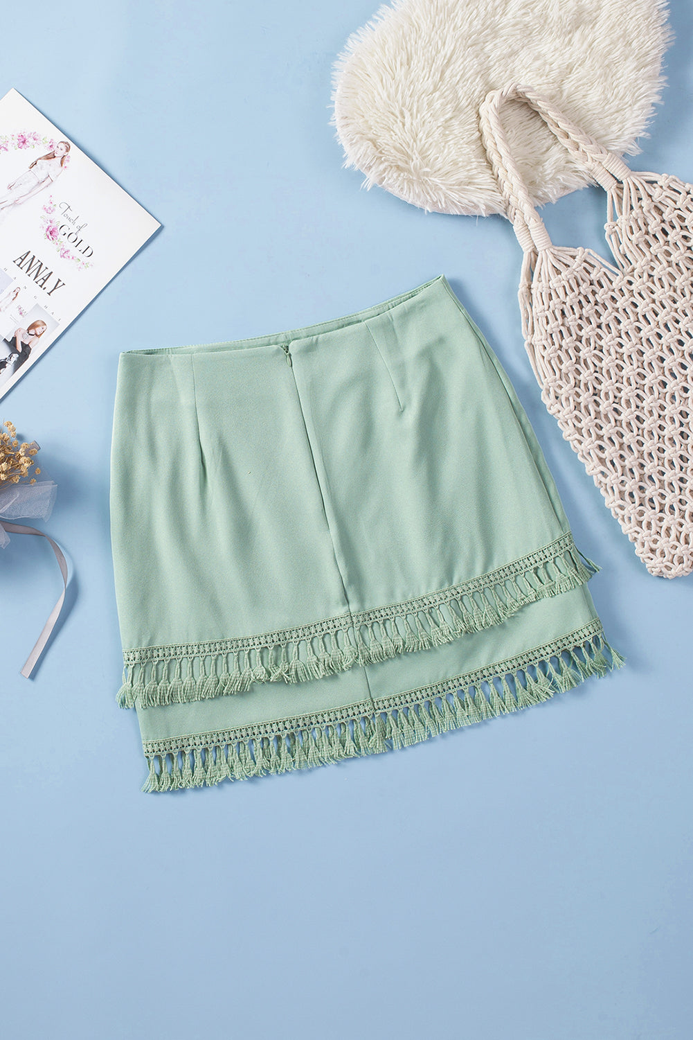 Honeybee Mumford's Green Tiered Tassel Zip-up High Waist Mini Skirt