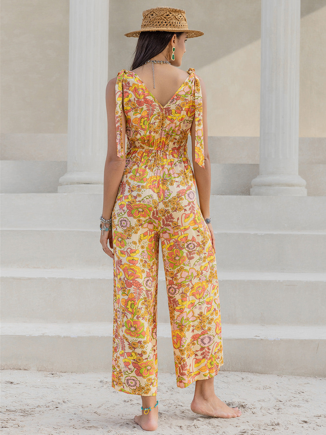 Honeybee Mumford's Printed V-Neck Tie Shoulder Jumpsuit